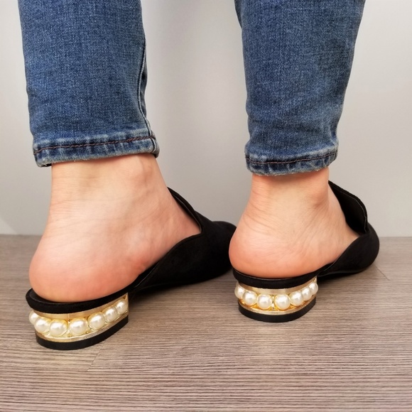 Suede Slip On Loafer Mule Pearl Accents on Heel -B - Picture 3 of 7
